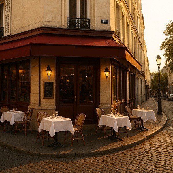 Façade d'un restaurant à Montmartre avec terrasse parisienne conviviale et tables dressées
