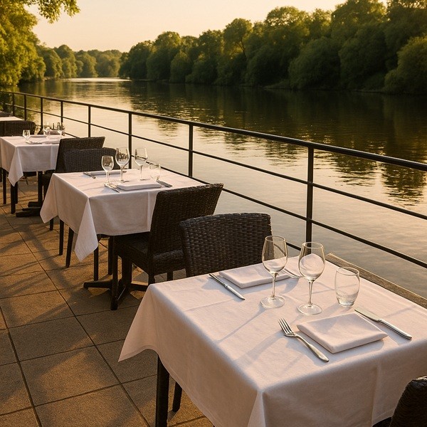 Terrasse du Restaurant du Blavet à Hennebont avec vue sur la rivière et tables élégamment dressées au coucher du soleil.