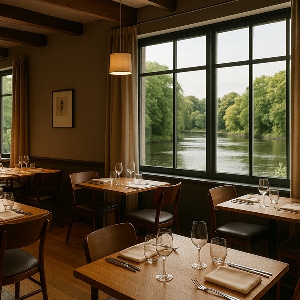 Salle intérieure du Restaurant du Blavet à Hennebont avec tables élégantes et vue panoramique sur la rivière verdoyante.