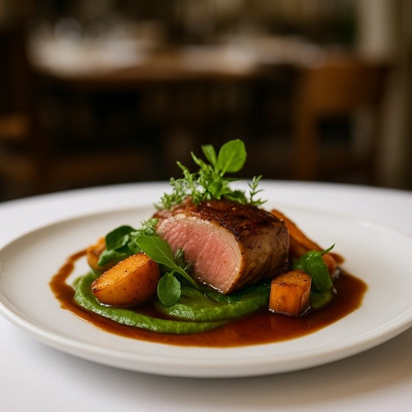 Plat gastronomique raffiné servi dans un restaurant à Saint-Médard-en-Jalles, dressage élégant avec viande tendre, légumes de saison et purée crémeuse, cuisine gastronomique locale en Gironde.
