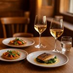 Table gourmande à La Table de Meudon avec plats bistronomiques de saison, poisson grillé, tarte fine aux légumes et vin blanc dans une ambiance chaleureuse.