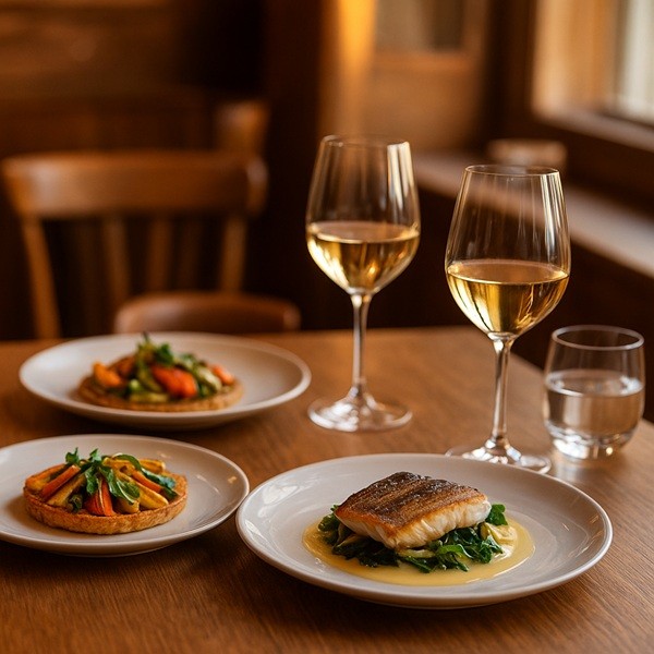 Table gourmande à La Table de Meudon avec plats bistronomiques de saison, poisson grillé, tarte fine aux légumes et vin blanc dans une ambiance chaleureuse.