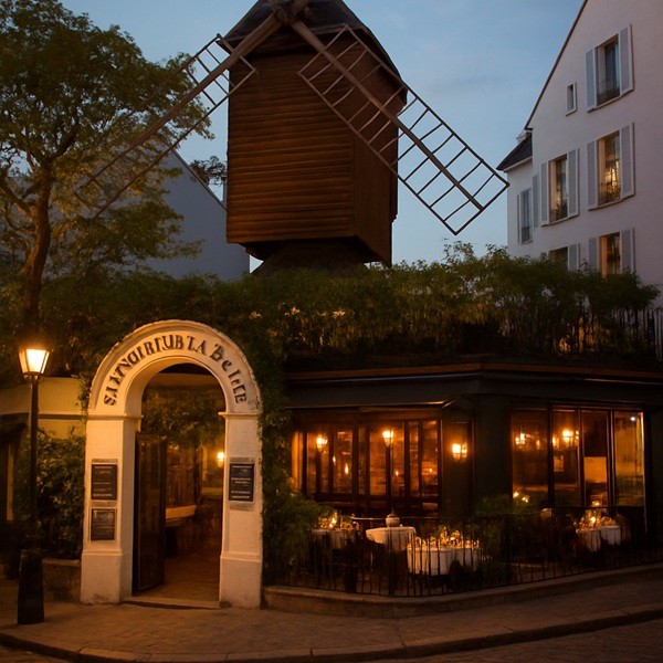 Restaurant Le Moulin de la Galette à Montmartre Paris, façade historique avec moulin à vent et terrasse illuminée, lieu emblématique de la gastronomie française.