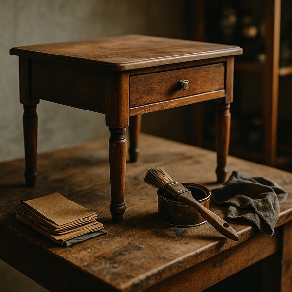Restauration artisanale d’un meuble en bois chiné dans un bric à brac, sur un atelier avec outils et lumière douce.