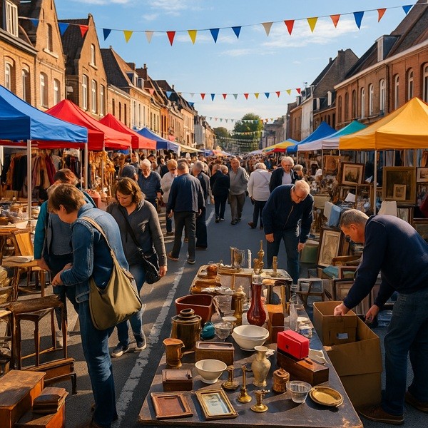 Grande braderie du Nord avec stands de brocante, chineurs et ambiance conviviale lors d’un sabradou en plein air.