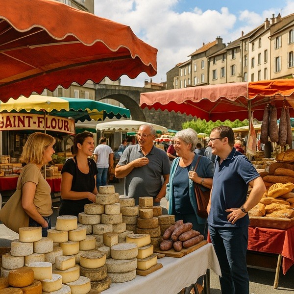 Scène authentique du marché de Saint-Flour avec des habitants échangeant autour des fromages, pains artisanaux et charcuteries locales.