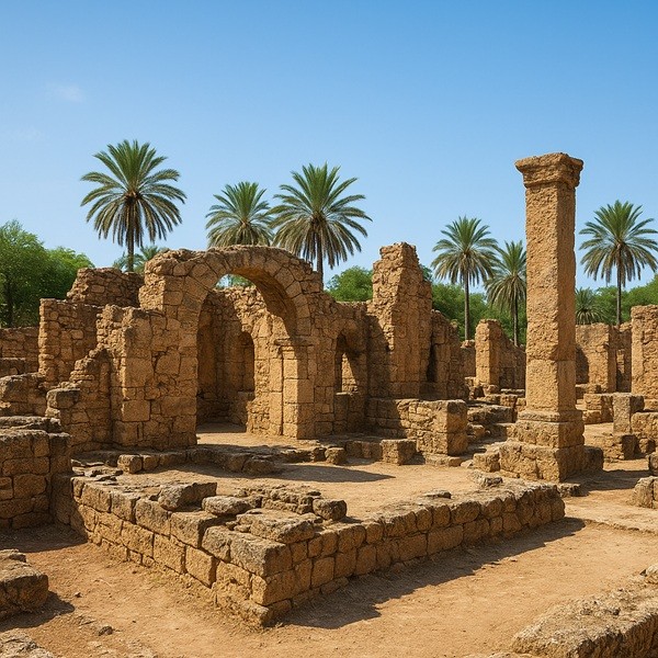 Ruines archéologiques d’Al Baleed à Salalah, Dhofar (Oman), site UNESCO lié au commerce de l’encens, avec palmiers et ciel bleu en arrière-plan.