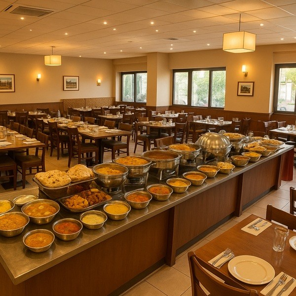 Salle du restaurant Kashmir Village Marseille avec tables dressées pour un buffet indo-pakistanais dans une ambiance conviviale.