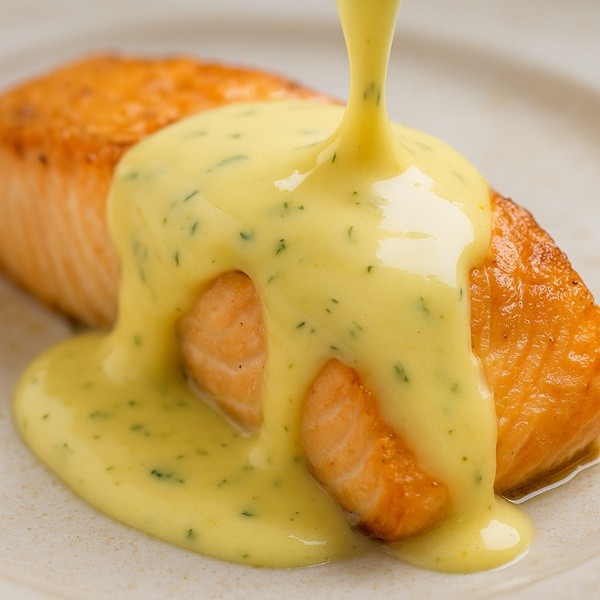 Gros plan d’un saumon rosé nappé d’une sauce beurre citron crémeuse et brillante, zoom culinaire sur la texture onctueuse de la sauce au citron pour poisson.