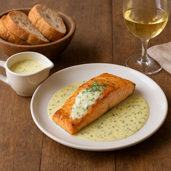 Saumon au four servi avec sauce au citron et crème fraîche dans une saucière, accompagné de pain rustique et d’un verre de vin blanc — recette conviviale de sauce citron pour saumon maison.