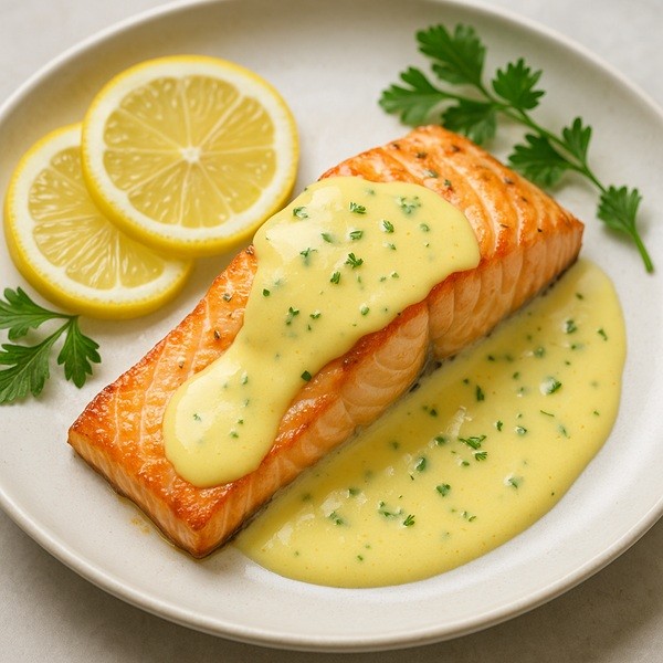 Saumon rôti nappé d’une sauce citron crémeuse, accompagné de rondelles de citron et d’herbes fraîches, recette gourmande idéale pour sublimer le poisson.