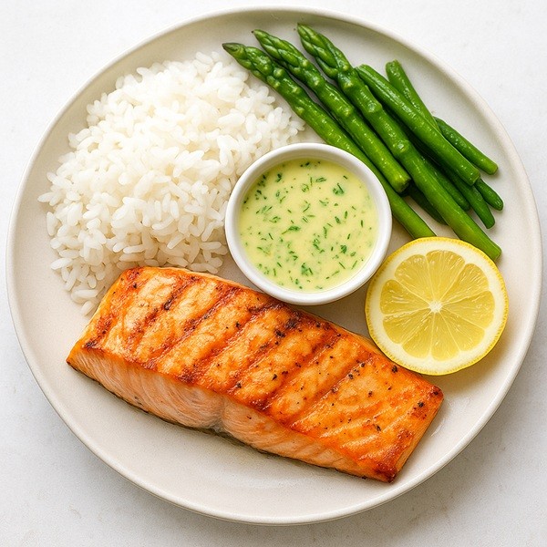 Saumon grillé avec sauce légère au citron sans crème, servi avec riz blanc et légumes verts croquants, recette fraîche et saine de sauce citron pour saumon.