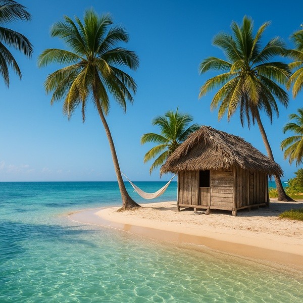 Cabane en bois avec toit de palme en bord de mer dans les îles San Blas au Panama, hébergement authentique et plage tropicale