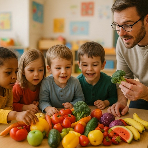 Enfants de maternelle participant à la Semaine du Goût avec découverte de fruits et légumes colorés dans un atelier pédagogique.