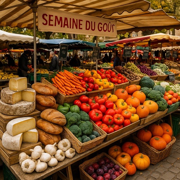 Marché automnal en France pendant la Semaine du Goût avec des étals de produits locaux, fromages, pains et fruits de saison.