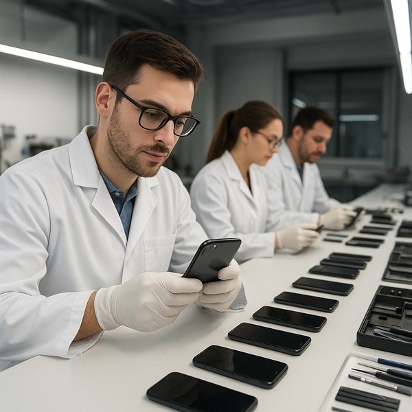Techniciens en blouse blanche testant et réparant des smartphones reconditionnés Smaaart dans un atelier moderne en France.