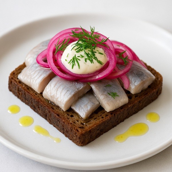 Smørrebrød nordique moderne avec lamelles de hareng dessalé, pickles d’oignons rouges, crème au raifort et aneth frais sur pain de seigle.