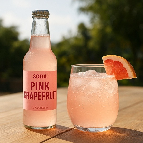 Soda pétillant au pink grapefruit servi en terrasse, boisson rafraîchissante au pamplemousse rose en été.