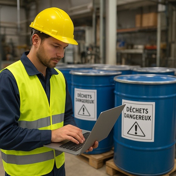 Technicien Trackdéchets en atelier industriel gérant la traçabilité numérique des déchets dangereux sur ordinateur portable devant des fûts étiquetés BSD
