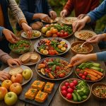 Grande table conviviale en plein air pendant la Semaine du Goût avec plats colorés, fruits, légumes de saison et partage intergénérationnel.