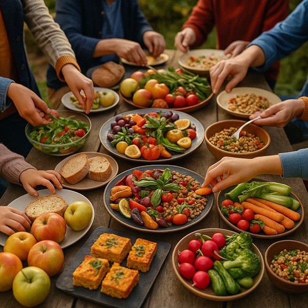 Grande table conviviale en plein air pendant la Semaine du Goût avec plats colorés, fruits, légumes de saison et partage intergénérationnel.