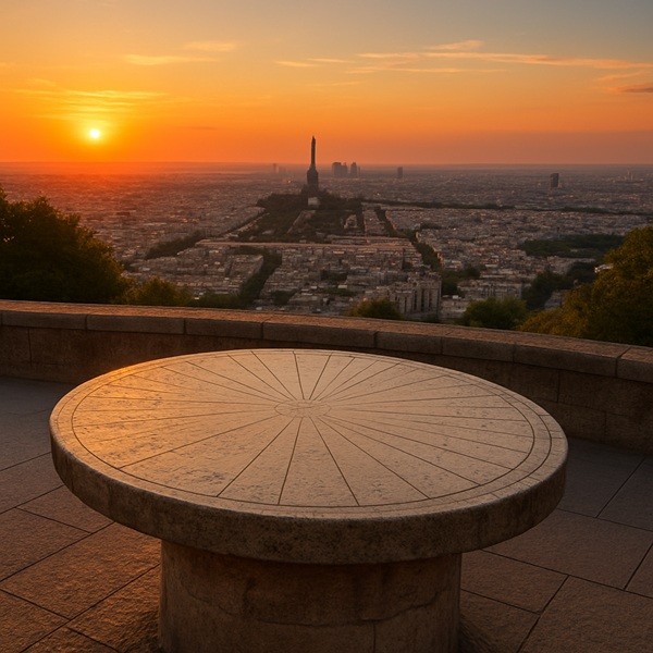 Table d’orientation de l’Observatoire de Meudon au coucher de soleil, panorama sur Paris avec vue sur la tour Eiffel et La Défense, belvédère emblématique des Hauts-de-Seine.