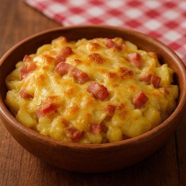 Tartiflette savoyarde gratinée au reblochon fondant, servie au restaurant Chez Mamie Lise à Annecy avec pommes de terre et lardons.
