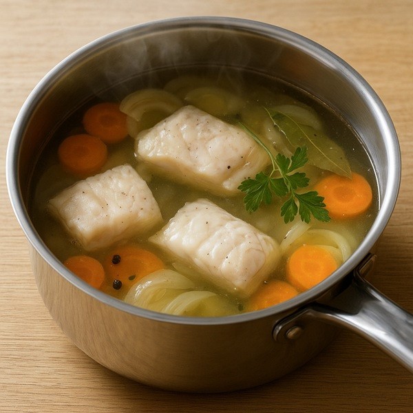 Casserole inox avec tronçons de saumonette cuits dans un court-bouillon aux carottes, oignons et herbes aromatiques.