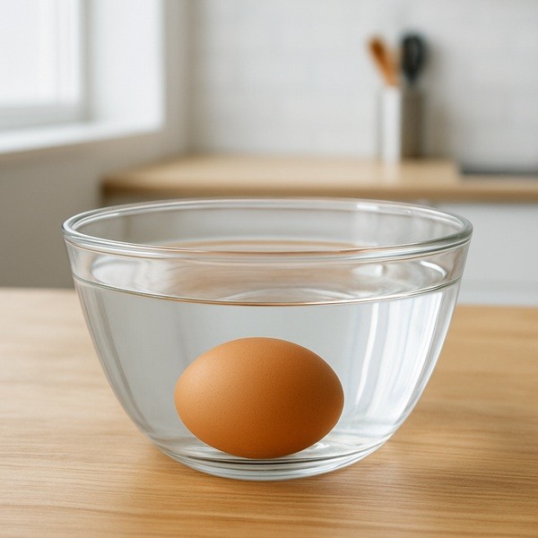 Test de fraîcheur d’un œuf dans un bol d’eau froide en cuisine. œuf qui coule au fond signe qu’il est frais.