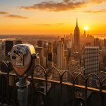 Vue panoramique depuis le Top of the Rock à Rockefeller Plaza au coucher du soleil, avec Central Park et la skyline de Manhattan illuminée par des teintes dorées.