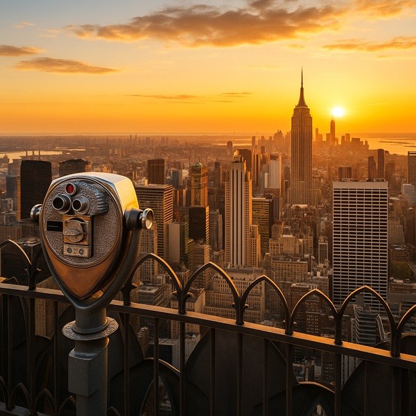 Vue panoramique depuis le Top of the Rock à Rockefeller Plaza au coucher du soleil, avec Central Park et la skyline de Manhattan illuminée par des teintes dorées.