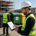 Ouvrier sur chantier utilisant une tablette pour signer un bordereau numérique Trackdéchets et assurer la traçabilité réglementaire des déchets.