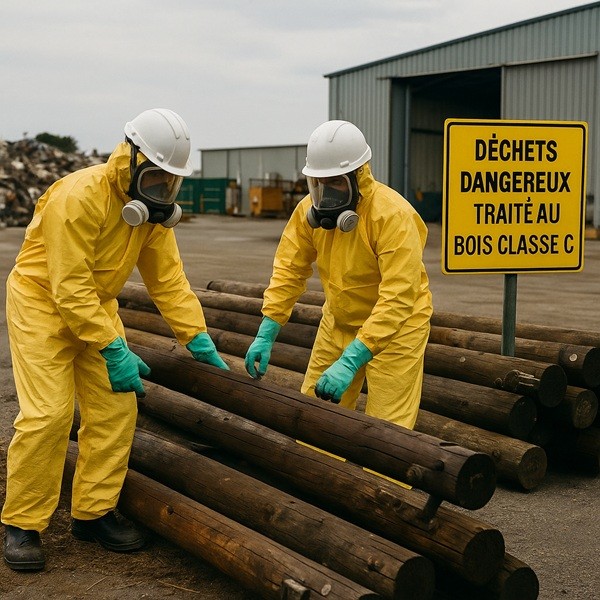 Travailleurs en combinaison de protection manipulant des poteaux en bois traité classe C dans un centre de gestion des déchets dangereux.