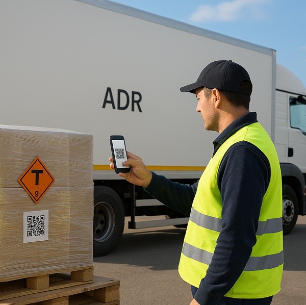 Conducteur scannant un QR code trackdéchets sur palette de déchets dangereux pour le suivi numérique ADR avec camion de transport