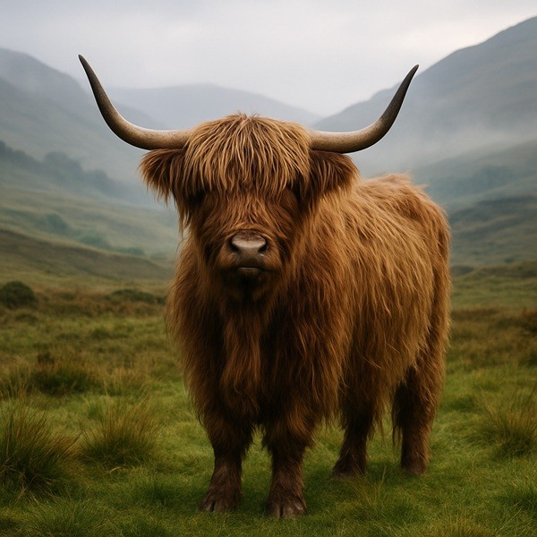 Vache Highland fluffy adulte au pelage long et roux, avec grandes cornes, dans un paysage écossais brumeux des Highlands.