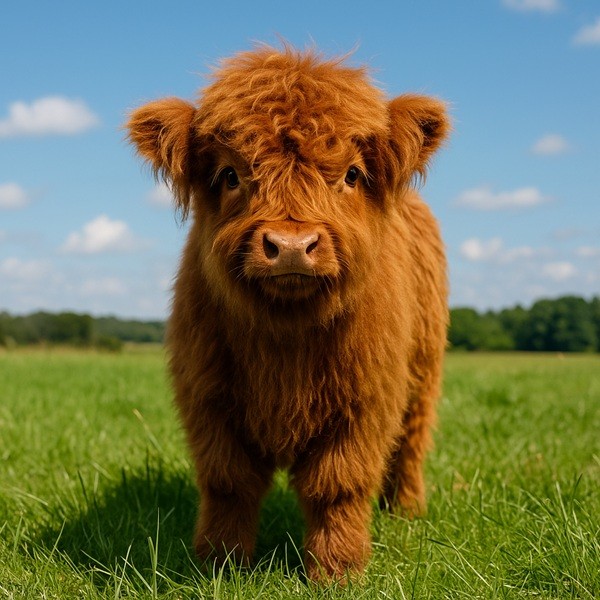 Vache fluffy miniature Highland au pelage roux soyeux dans un champ verdoyant sous un ciel bleu lumineux.
