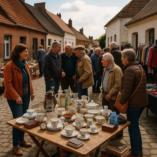 Vide-grenier convivial dans un village du Nord, stands d’objets vintage, vaisselle ancienne et livres d’occasion lors d’un sabradou.