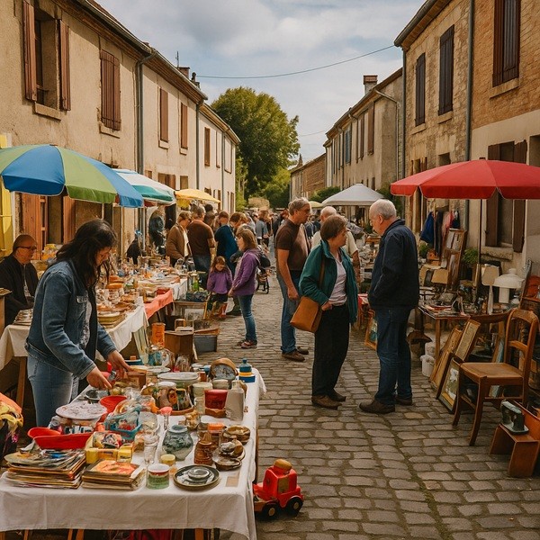Vide-greniers de village avec stands de bric à brac, chineurs et ambiance conviviale dans une rue pavée