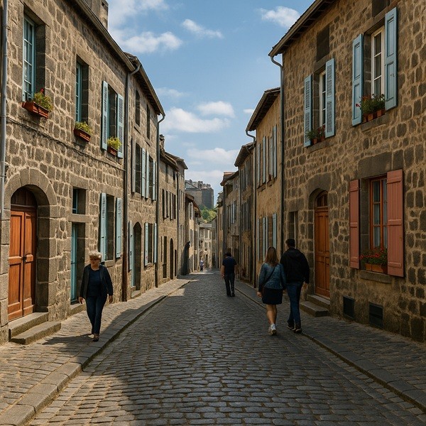 Rue pavée typique de Saint-Flour avec maisons en pierre, volets colorés et habitants se promenant dans la cité médiévale auvergnate.