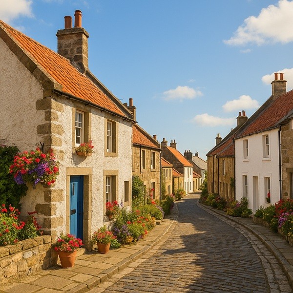 Ruelles pittoresques du village d’Elie dans le Fife, maisons en pierre aux toits rouges et fleurs colorées typiques d’un village côtier écossais.