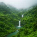 Paysage verdoyant de Salalah dans le Dhofar, Oman, avec collines brumeuses, cascades et végétation tropicale durant la saison du khareef.