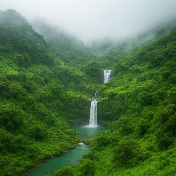 Paysage verdoyant de Salalah dans le Dhofar, Oman, avec collines brumeuses, cascades et végétation tropicale durant la saison du khareef.