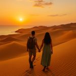 Couple en voyage sur mesure avec Tropicalement Vôtre explorant les dunes dorées du désert d’Oman au coucher du soleil face à l’océan.