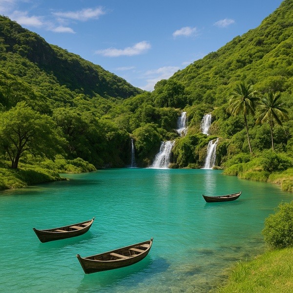 Wadi Darbat à Salalah, Dhofar (Oman) avec rivière turquoise, cascades verdoyantes et barques traditionnelles, site naturel incontournable en saison khareef.
