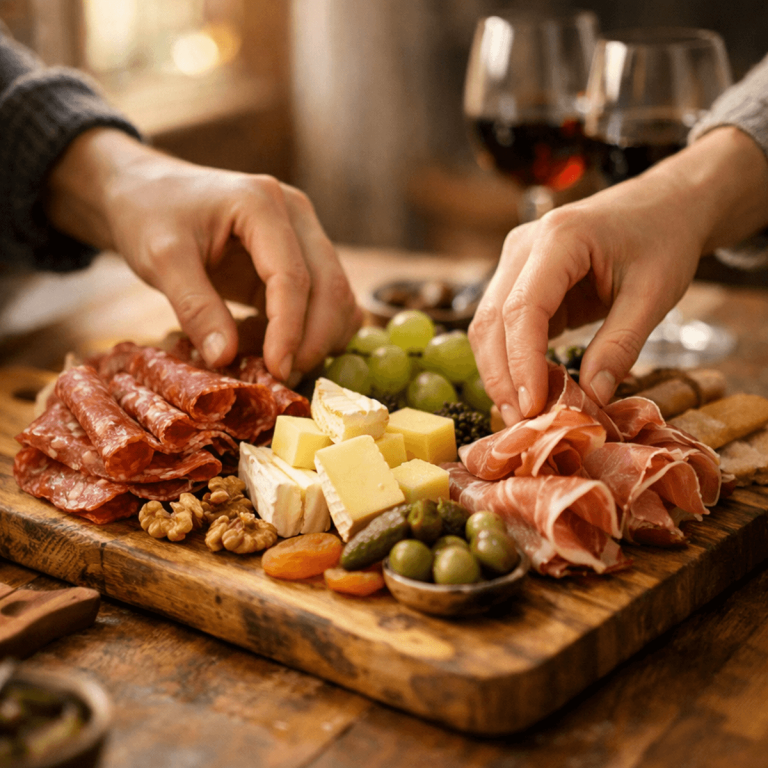 Mains disposant délicatement charcuteries et fromages sur belle planche en bois pour moment de partage gourmand.