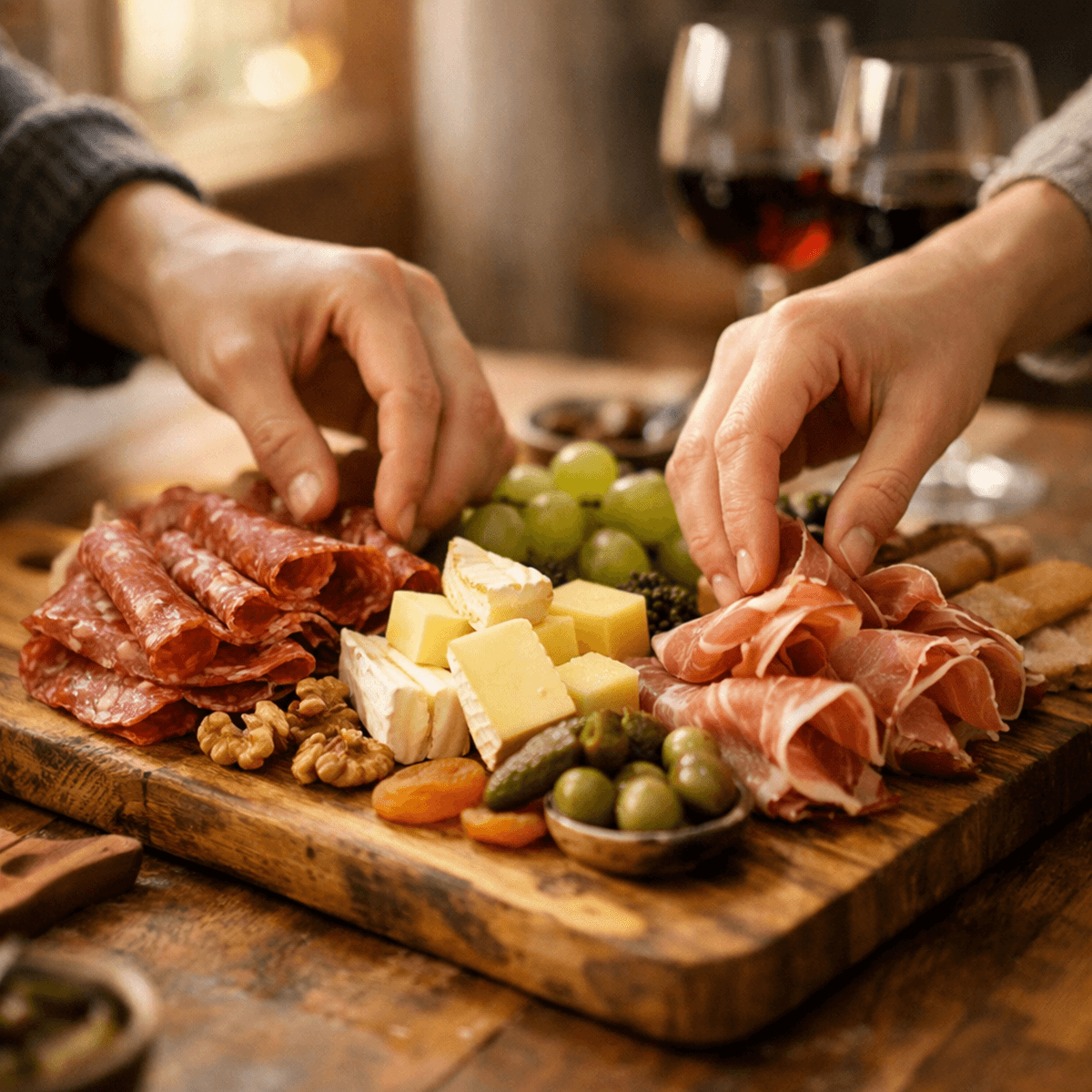 Mains disposant délicatement charcuteries et fromages sur belle planche en bois pour moment de partage gourmand.